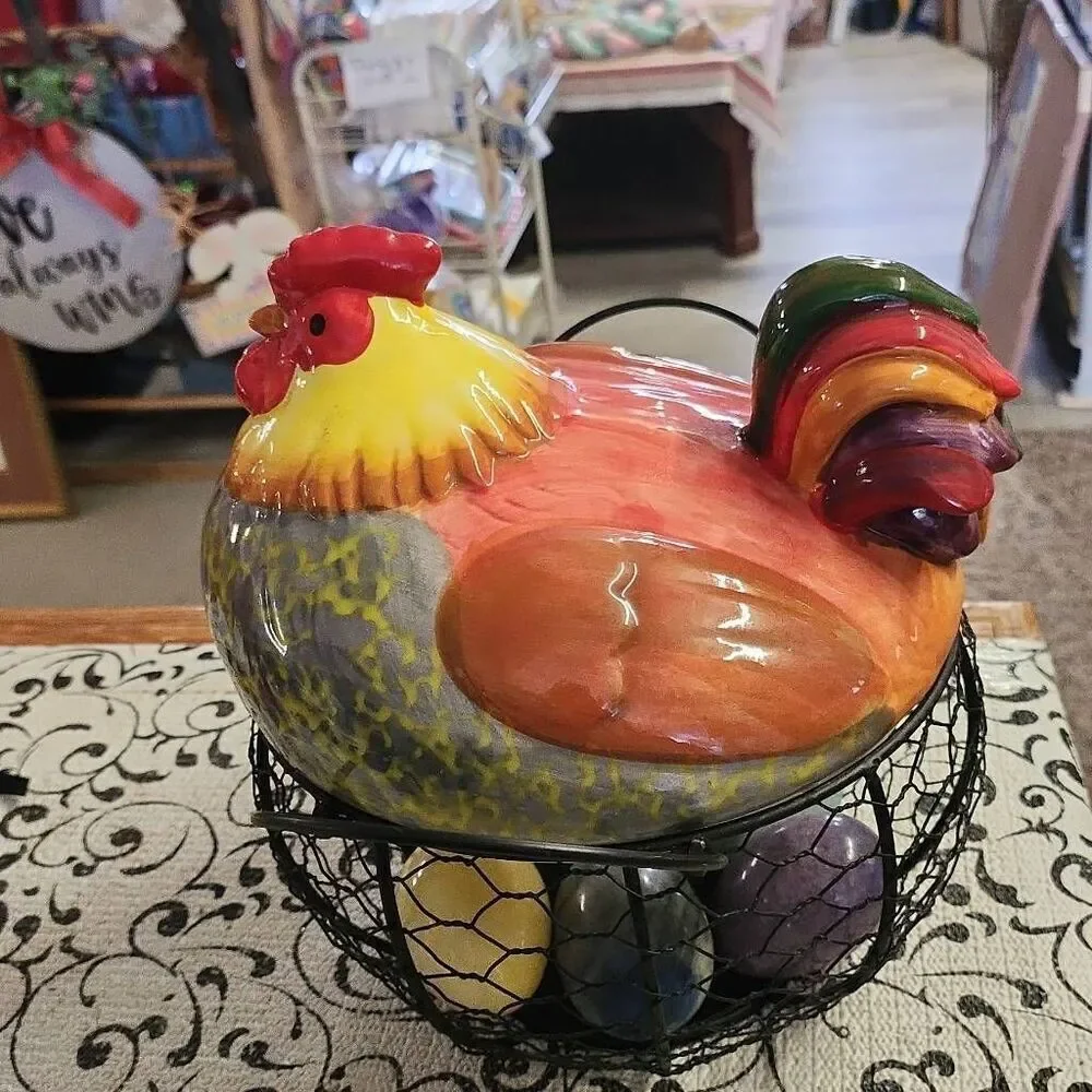 Ceramic Hen Egg Basket and Eggs